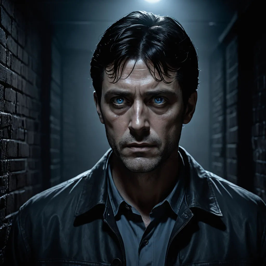 a man with blue eyes standing in a dark alleyway with a brick wall and a light on his head, new objectivity, a character portrait, David Annand, promotional image