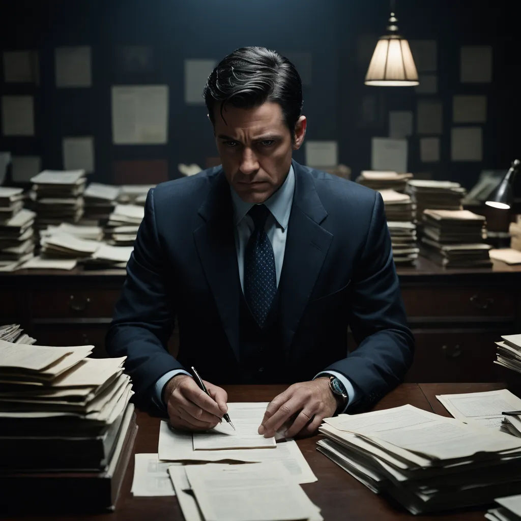 a man in a suit sitting at a desk with stacks of papers and a pen in his hand and a lamp on the desk, private press, a character portrait, Edward Otho Cresap Ord, II, promotional image