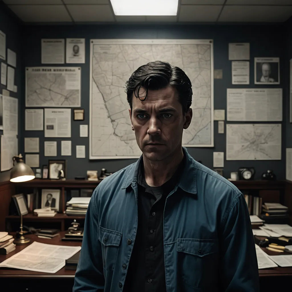 a man standing in front of a desk with a lot of papers on it and a map on the wall, serial art, a poster, David Budd, promotional image