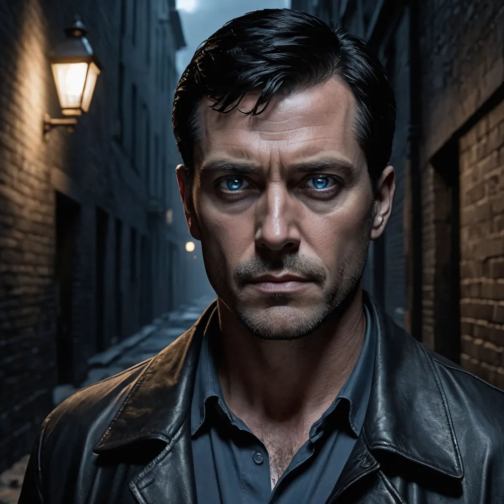 a man with blue eyes standing in a alley way with a light on the side of the street behind him, panfuturism, a colorized photo, Derek Hill, promotional image