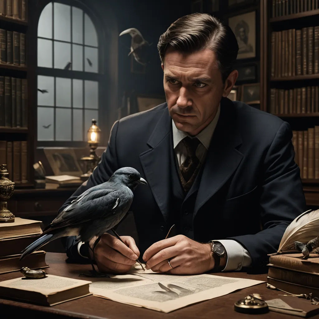 a man in a suit sitting at a desk with a bird on his lap top and a book in front of him, private press, a character portrait, Alexander Jansson, promotional image