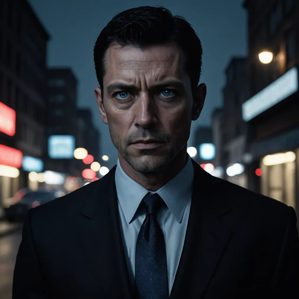 a man in a suit and tie standing in a city at night with a city street in the background, serial art, a character portrait, David Annand, promotional image