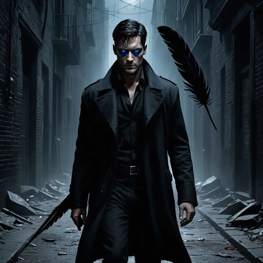 a man in a trench coat and sunglasses walking down a street with a feather on his arm and a full moon in the background, neo-figurative, poster art, Dirk Crabeth, promotional image