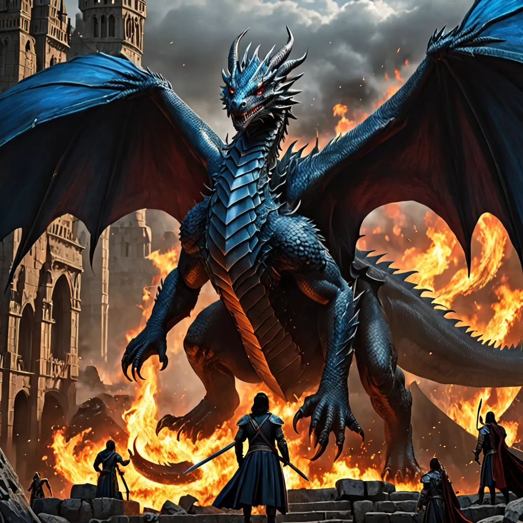 a dragon with a huge body of fire in front of a castle with a man standing on it's side, fantasy art, a detailed matte painting, Anne Stokes, dragon art