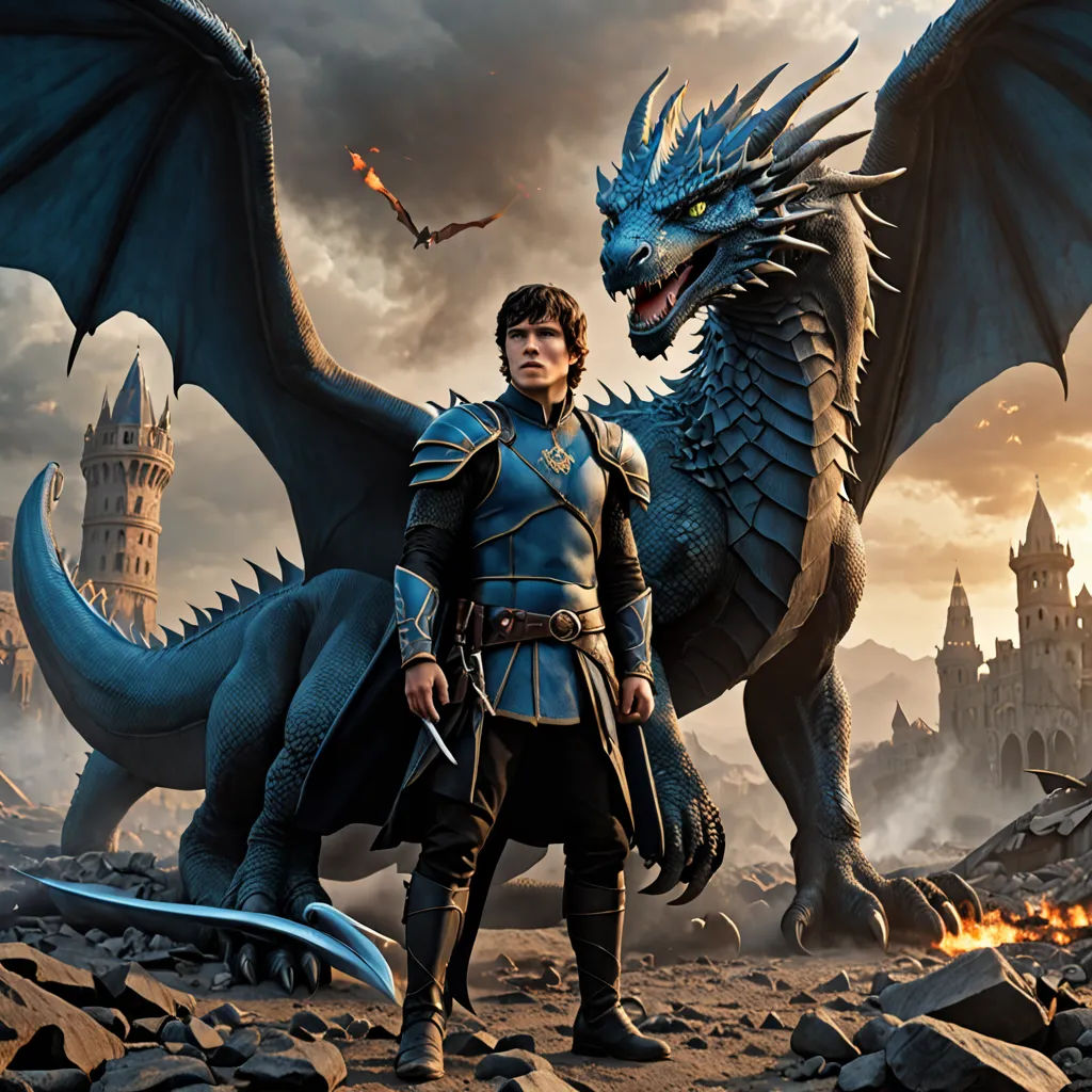a man standing next to a dragon on a rocky ground with a sword in his hand and a bird flying above, fantasy art, a poster, Daryush Shokof, weta digital