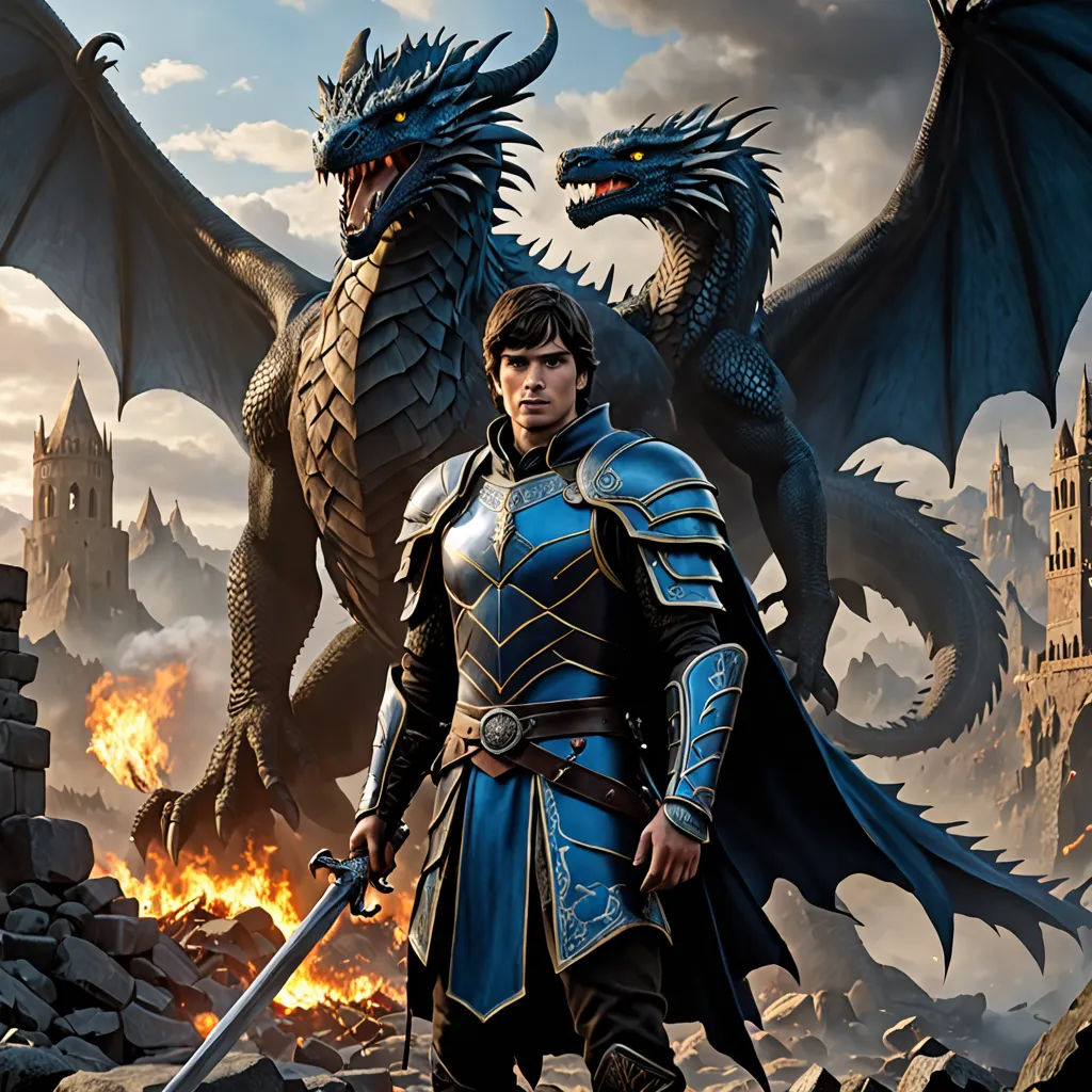 a man in a blue suit standing next to a dragon on a rocky hill with a sword in his hand, fantasy art, computer graphics<error>
