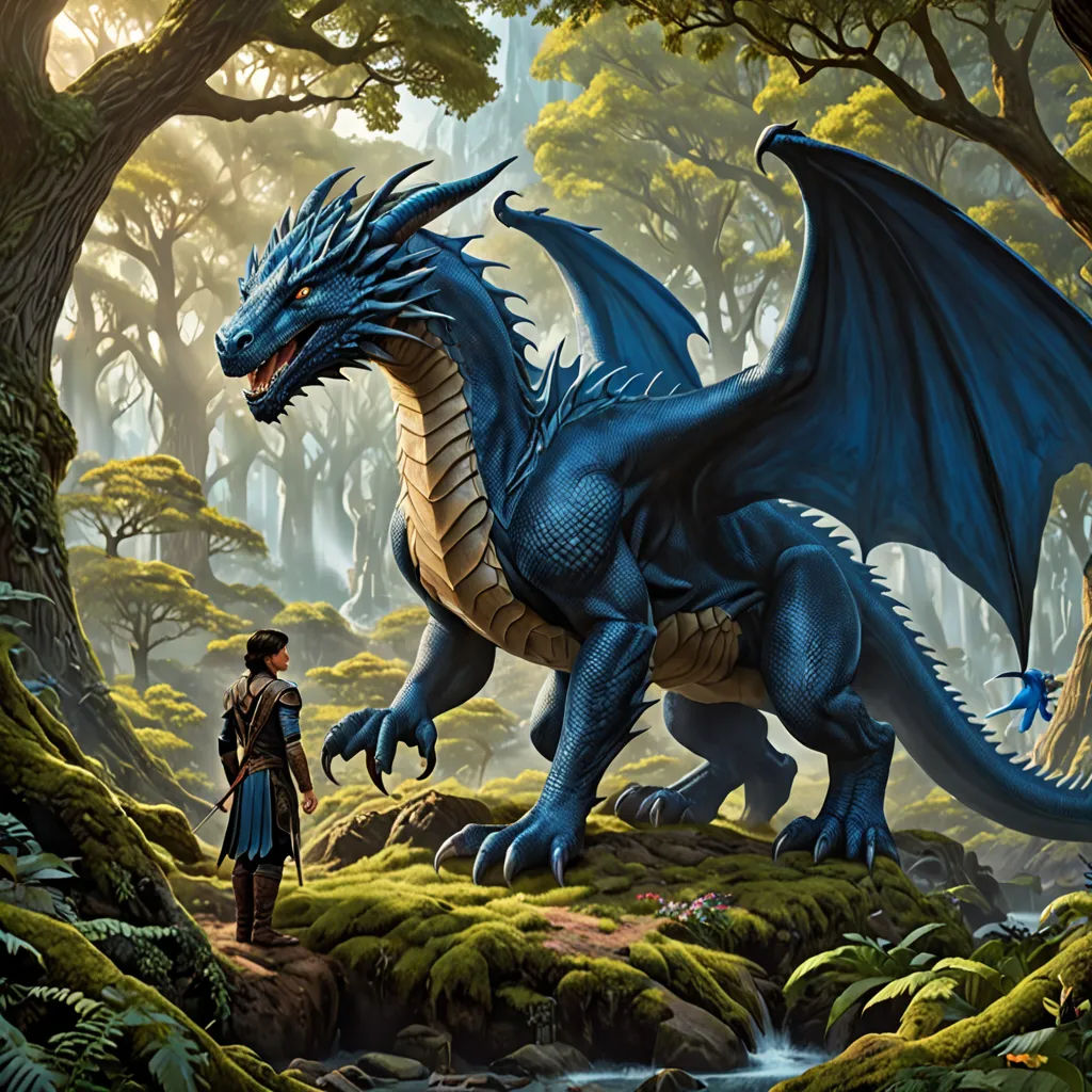 a blue dragon standing next to a man in a forest with a stream and trees in the background,, fantasy art, a storybook illustration, Clint Cearley, dragon art