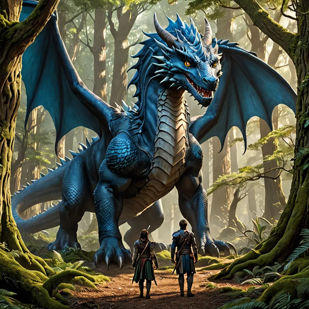 a couple of people standing next to a giant dragon in a forest with trees and moss on the ground, fantasy art, a poster, Chris LaBrooy, promotional image