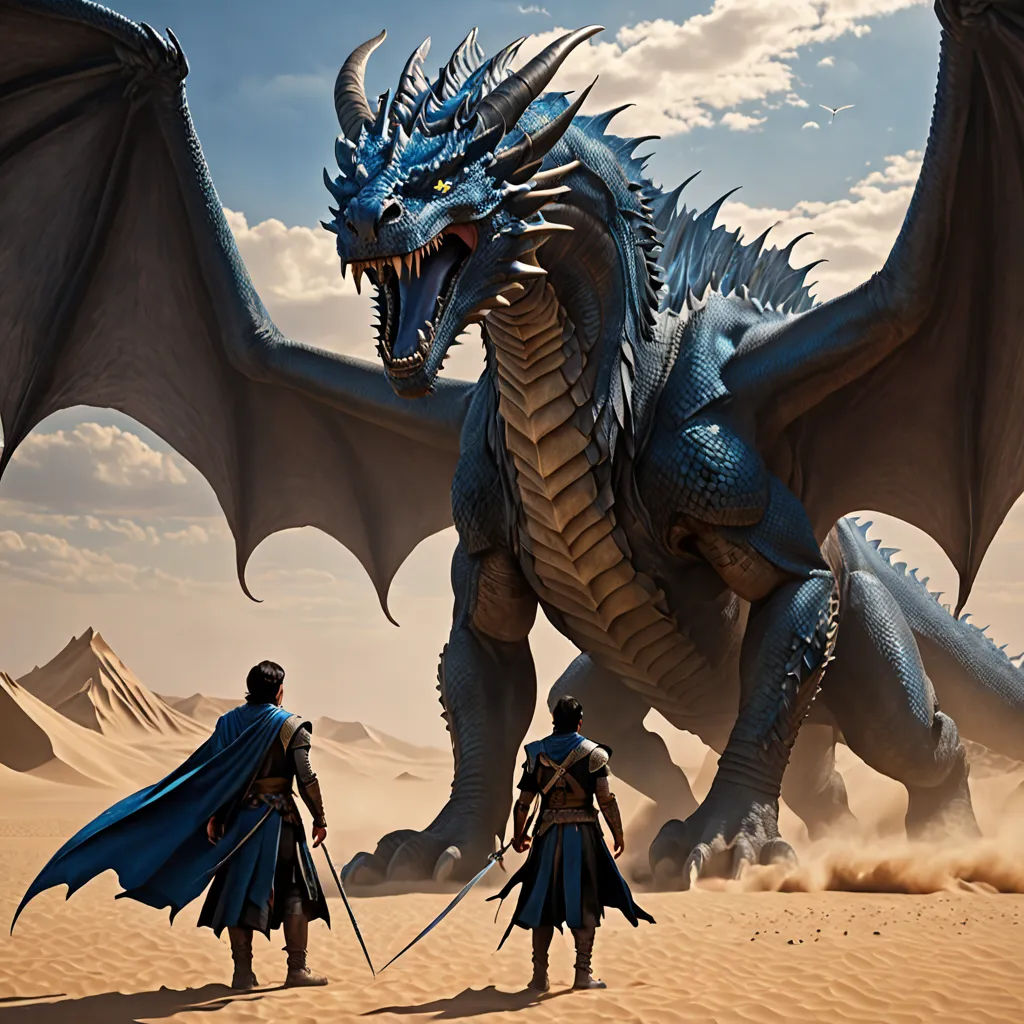 two men in front of a giant dragon in the desert with swords in their hands and a sword in their hand, fantasy art, computer graphics, Clint Cearley, dragon art