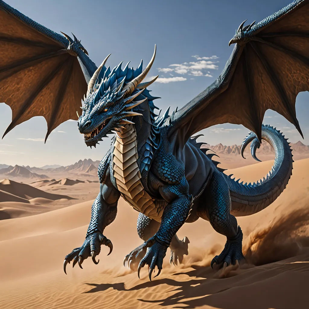 a blue dragon is in the desert with sand dunes in the background and a blue sky above it,, fantasy art, computer graphics, Chris LaBrooy, dragon art