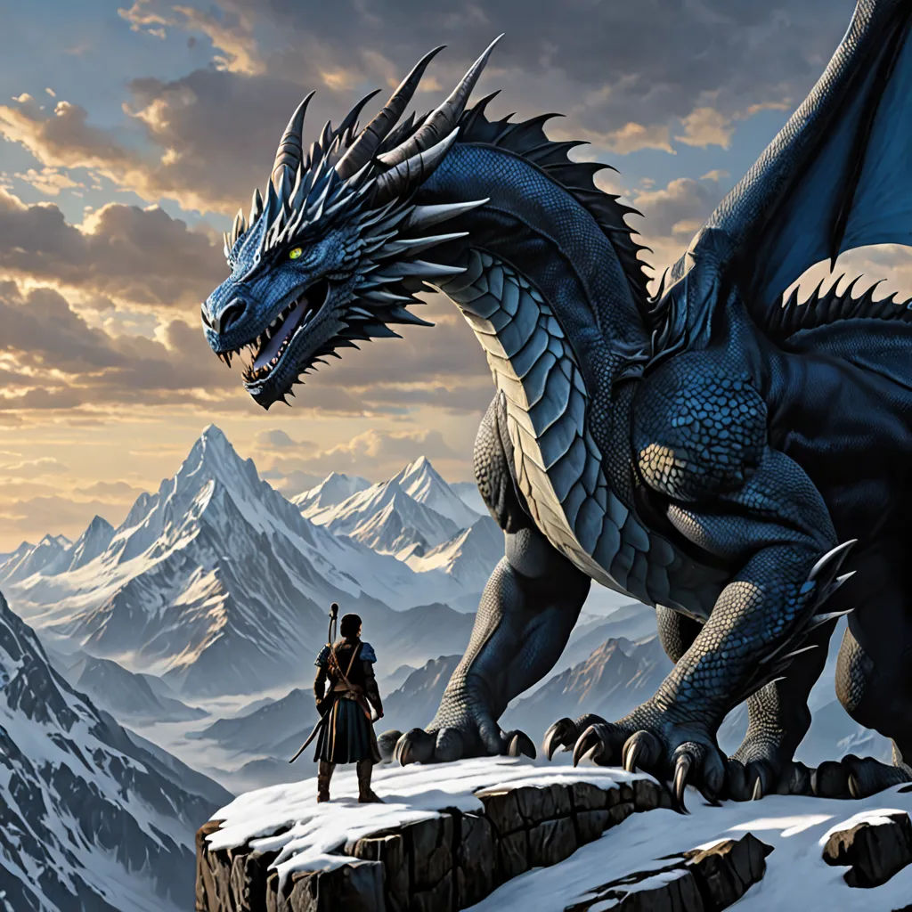 a man standing on a mountain with a dragon on top of it, with a sword in his hand, fantasy art, a detailed matte painting, Clint Cearley, dragon art