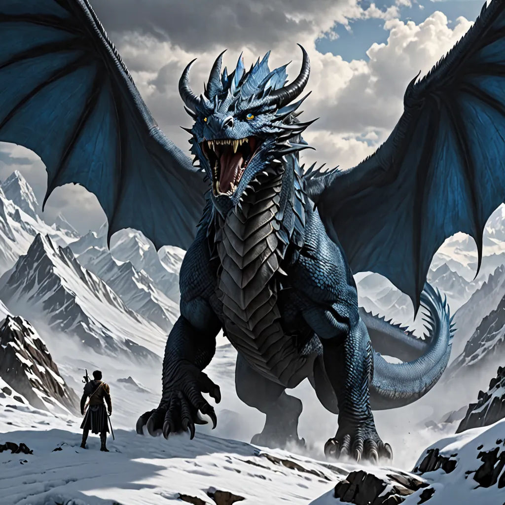 a dragon with a man standing next to it in the snow with mountains in the background and clouds in the sky, fantasy art, a detailed matte painting, Daryush Shokof, dragon art