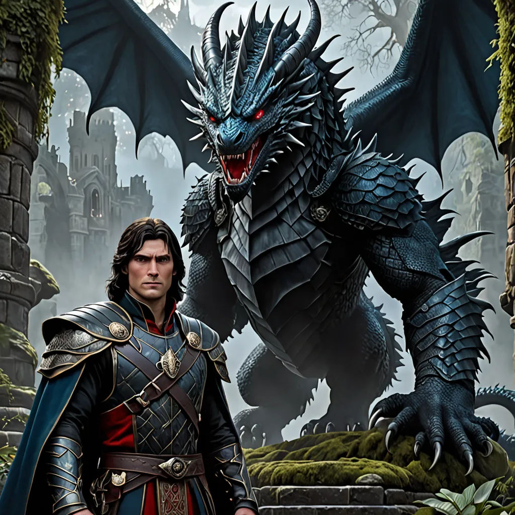 a man in a suit standing next to a dragon in a forest with a castle in the background and a giant dragon in the foreground, fantasy art, concept art, Clint Cearley, epic fantasy character art