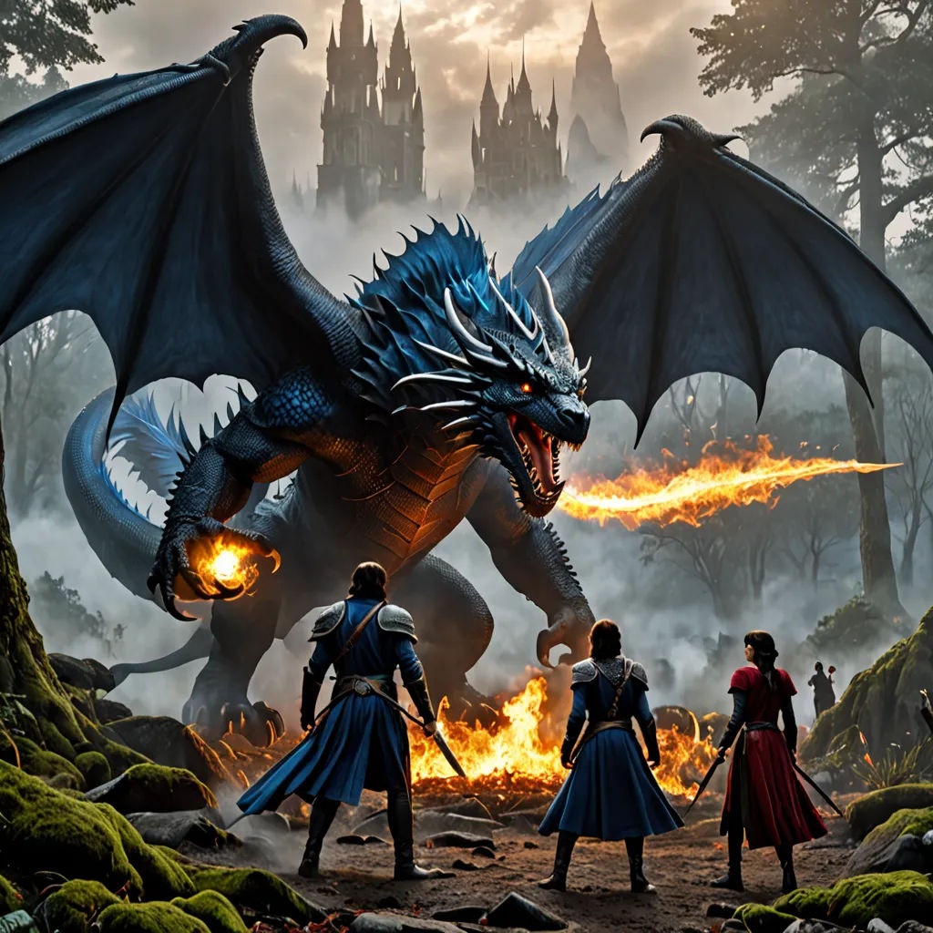a group of people standing around a dragon in a forest with a castle in the background and fire in the air, fantasy art, a poster, Cedric Peyravernay, key art