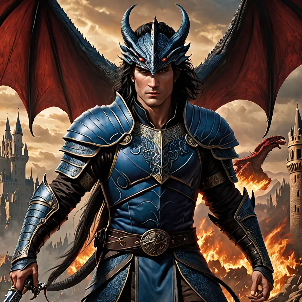 a man in a blue armor with a dragon on his shoulder and a sword in his hand, standing in front of a castle, fantasy art, concept art, Anne Stokes, epic fantasy character art