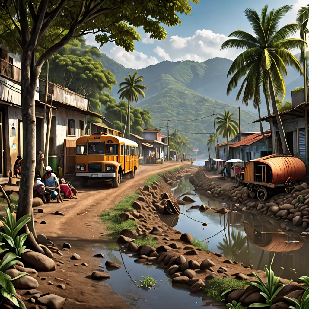 a painting of a street with a yellow bus parked on the side of the road and people sitting on the side of the road, photorealism, a detailed matte painting, Evgeny Lushpin, cinematic matte painting