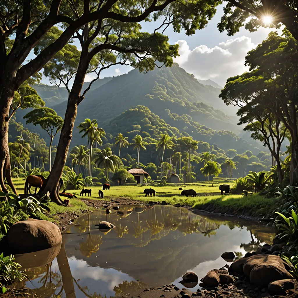 a group of animals grazing on grass near a river and mountains in the background with trees and rocks in the foreground, naturalism, a matte painting, Chris LaBrooy, nature