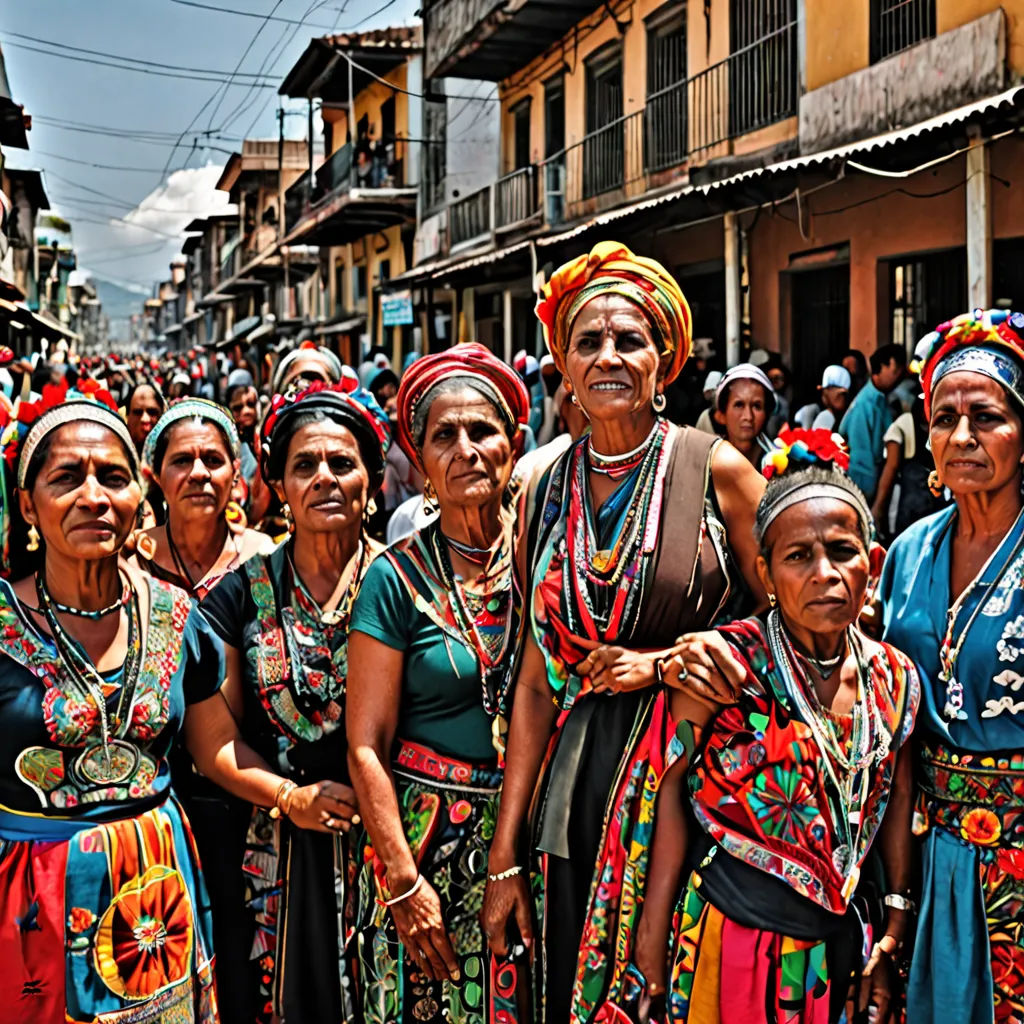 a group of women in colorful clothing standing in a street with buildings in the background and a crowd of people standing in the street, folk art, a jigsaw puzzle, Ella Guru, award-winning photograph
