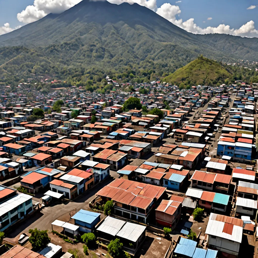 a large group of houses in a large area with a mountain in the background and a blue sky with clouds, sumatraism, a tilt shift photo, Ding Yunpeng, city background