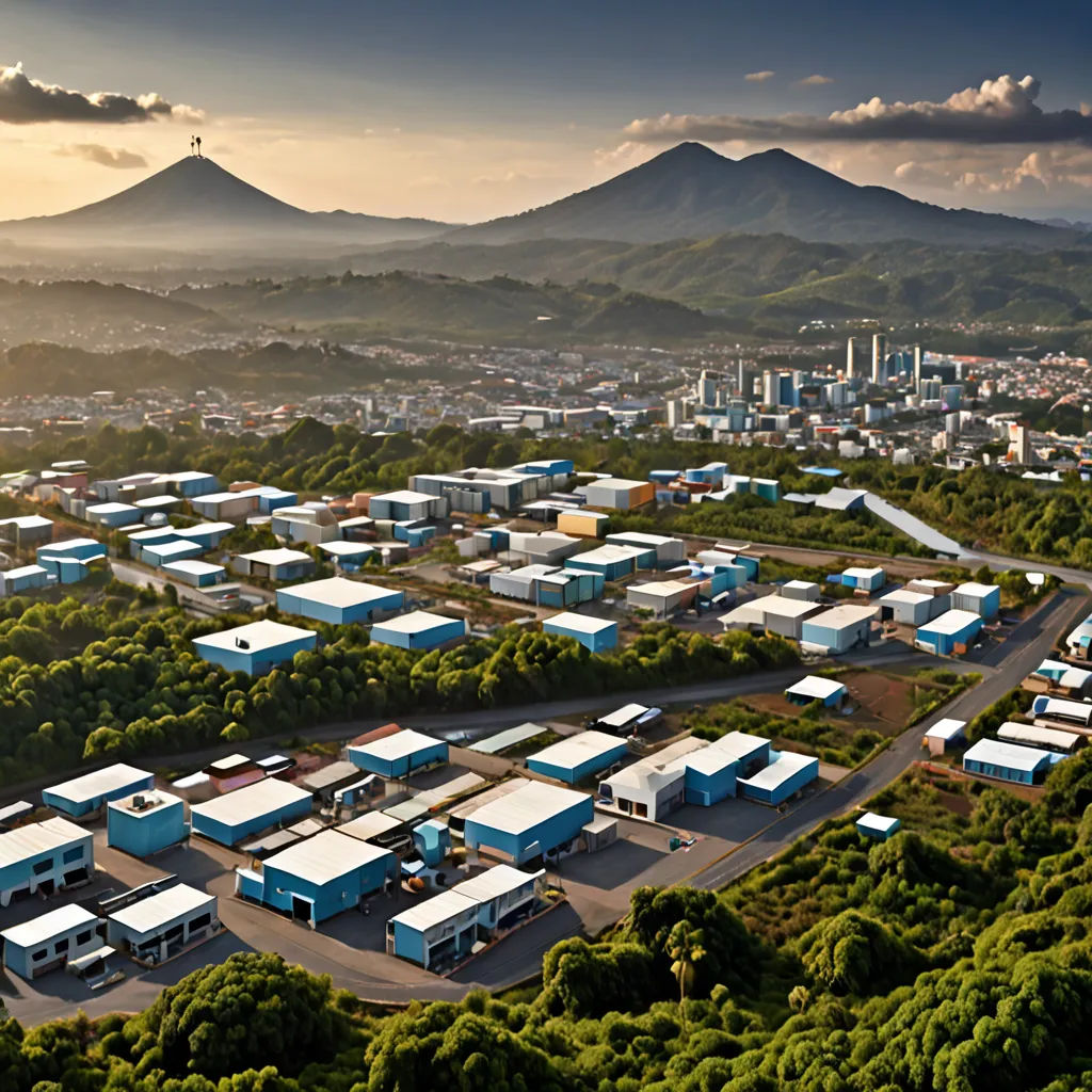 a large group of buildings in a city with mountains in the background and a cloudy sky above them,, environmental art, a tilt shift photo, Enguerrand Quarton, tone mapping