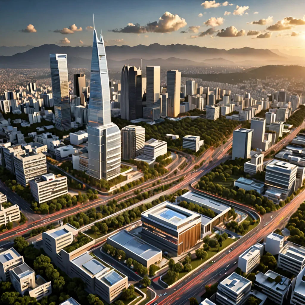 a city with a lot of tall buildings and a lot of trees in the foreground and a road running through it, serial art, a digital rendering, Edi Rama, city background
