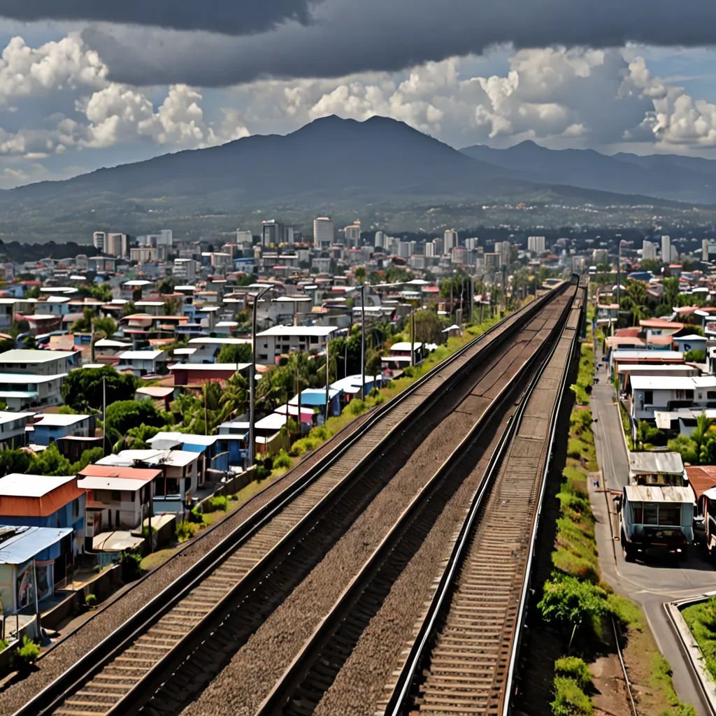 a train track with a city in the background and a cloudy sky above it with mountains in the distance, regionalism, a tilt shift photo, Ding Yunpeng, city background