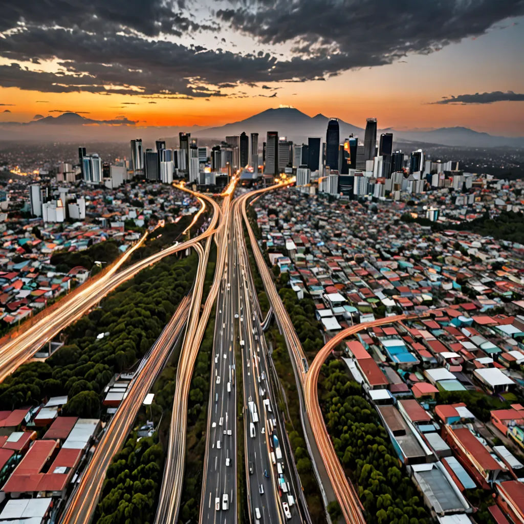 a city with a lot of traffic and a cloudy sky above it and a sunset in the background with a few clouds, regionalism, a matte painting, Eddie Mendoza, city background