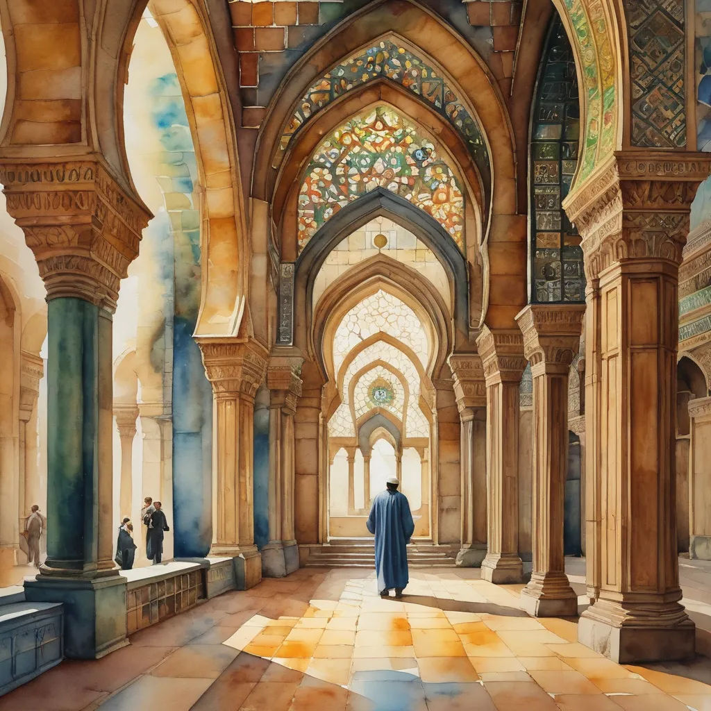a painting of a man in a large building with columns and arches, looking at a painting of a man in a blue suit, arabesque, a watercolor painting, Colin Gill, orientalism