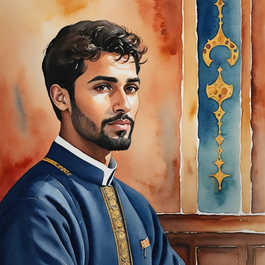 a painting of a man with a beard and a blue shirt and gold trimmings on his shirt, qajar art, a watercolor painting, Abdullah Gërguri, detailed painting