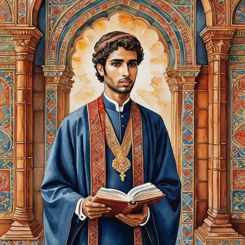 a painting of a man in a priest's robes holding a book in his hands and standing in front of a doorway, metaphysical painting, a detailed painting, Anthony Devas, official art