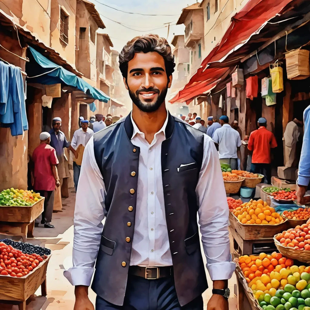 a man in a vest and tie standing in front of a fruit stand with oranges and other fruit, photorealism, a photorealistic painting, Chris LaBrooy, highly detailed digital painting
