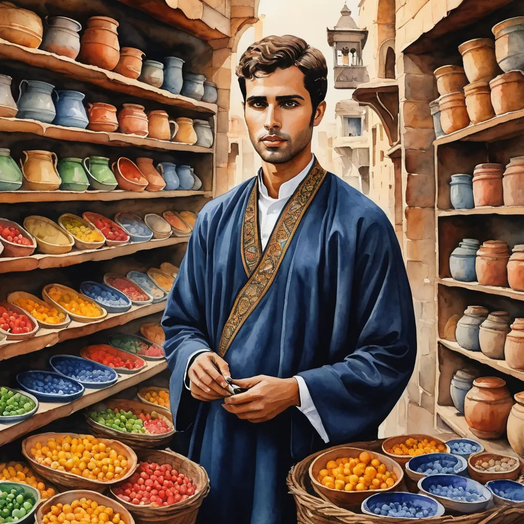 a painting of a man standing in front of a shelf of pottery and bowls of fruit and vegetables in baskets, qajar art, a detailed painting, Ahmed Karahisari, orientalism