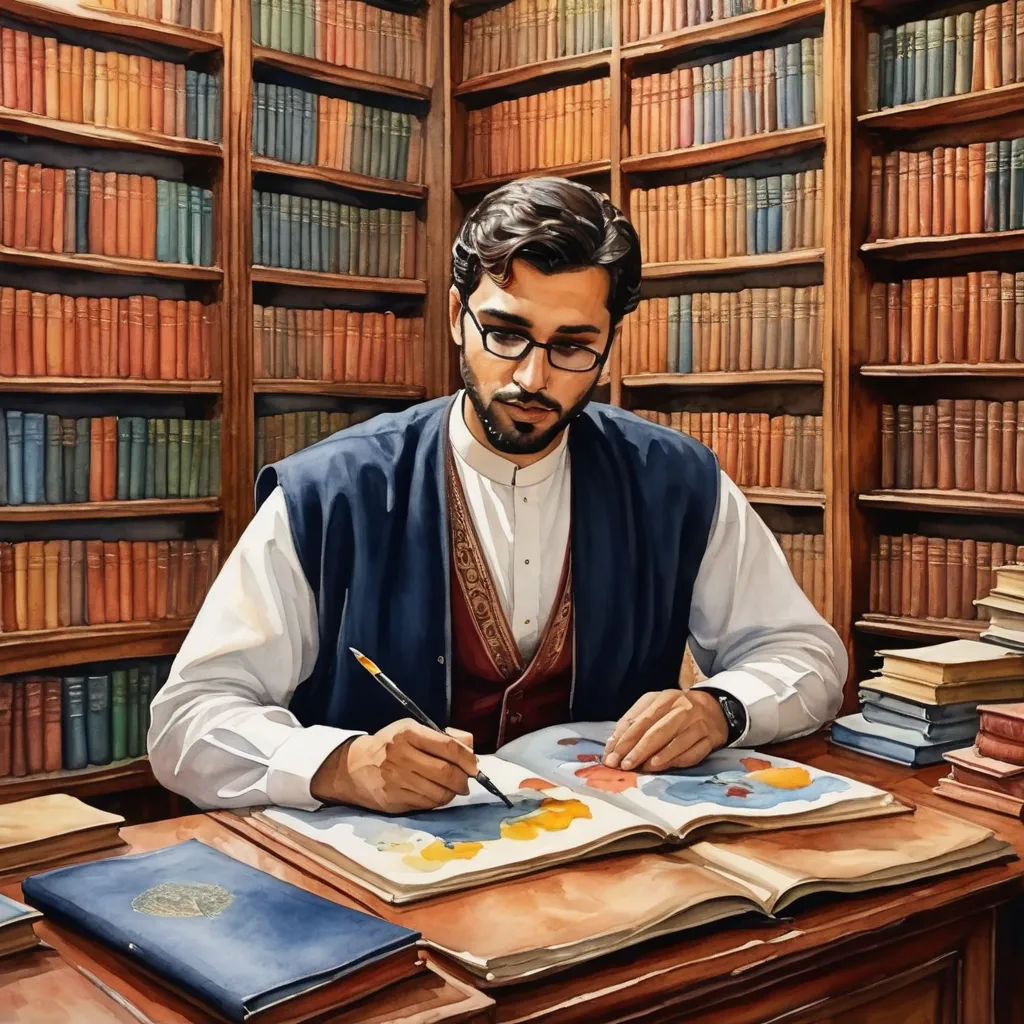 a man sitting at a desk in front of a book shelf filled with books and a pen and paper, academic art, a detailed painting, David Ligare, extremely detailed oil painting