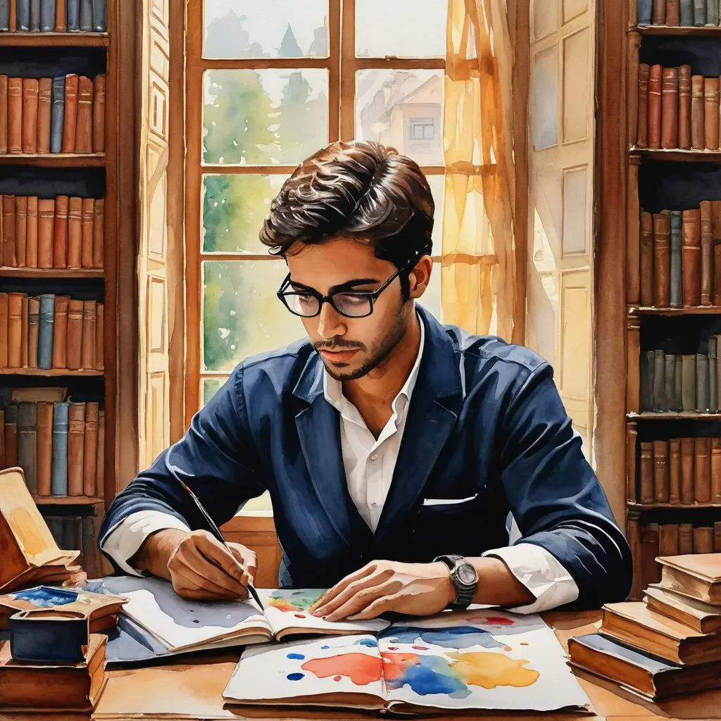 a man is sitting at a desk with books and a bookcase in front of him and writing on a paper, academic art, a photorealistic painting, Chris LaBrooy, photorealistic portrait