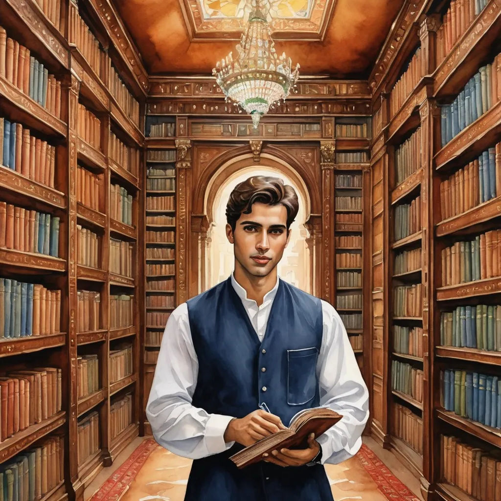 a man standing in a library holding a book in his hands and looking at the camera with a book in his hand, pre-raphaelitism, a storybook illustration, Aaron Jasinski, kinkade