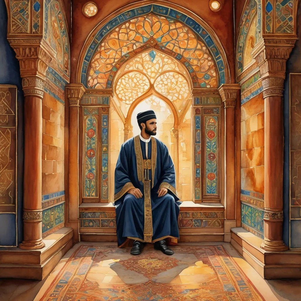 a painting of a man sitting in a room with a window and a rug on the floor and a rug on the floor, qajar art, a detailed painting, Donato Giancola, detailed painting