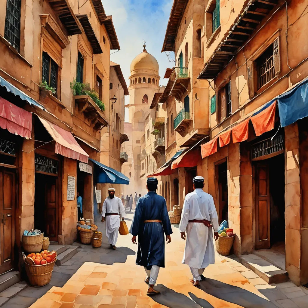 a painting of two men walking down a street in a city with a clock tower in the background and a market area with fruit on the other side, photorealism, a detailed matte painting, Evgeny Lushpin, highly detailed digital painting