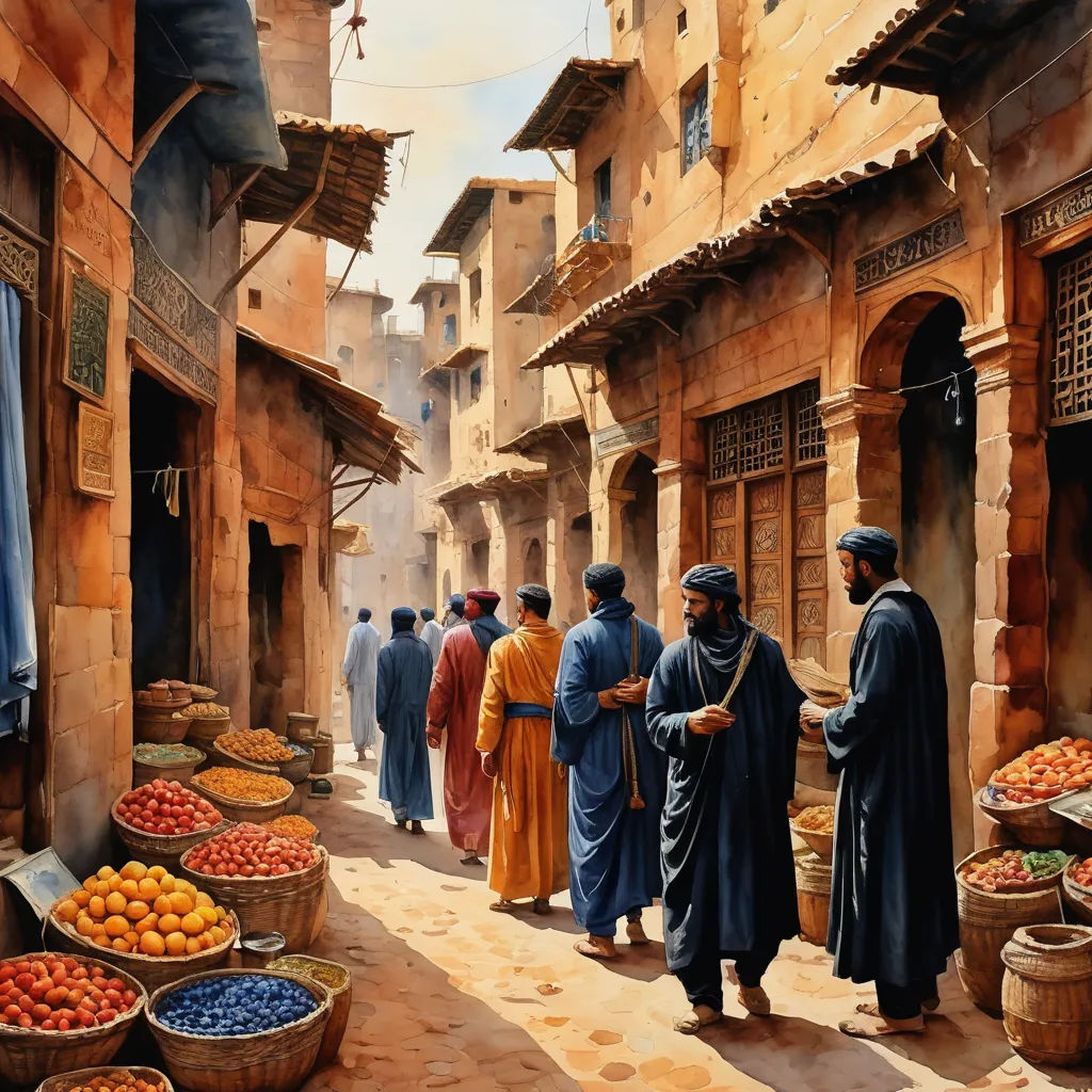 a painting of a group of people standing in a street with baskets of fruit in front of them and a man in a blue robe, figurative art, a detailed matte painting, Farid Mansour, orientalism