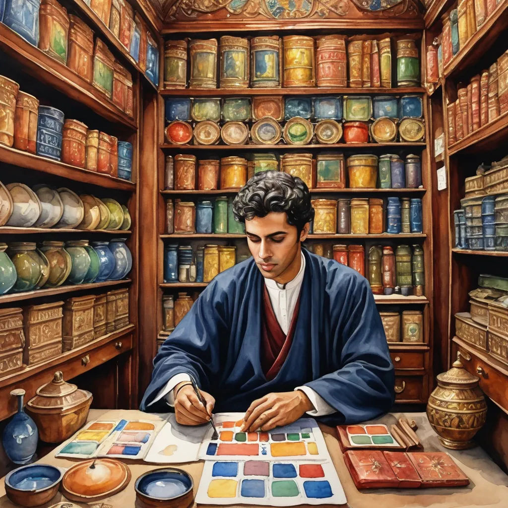 a painting of a man sitting at a table with a book and paintbrush in front of him and a book shelf full of books, qajar art, a detailed painting, Donato Giancola, orientalism