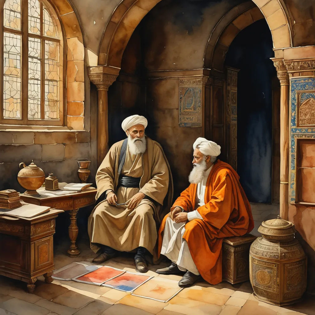 a painting of two men sitting next to each other in a room with a table and a vase on the floor, qajar art, a detailed painting, Brothers Hildebrandt, highly detailed oil painting