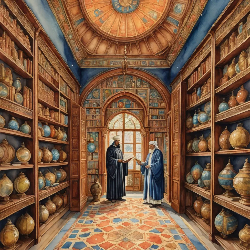 a painting of two men in a library with vases on shelves and a dome ceiling above them,, qajar art, a storybook illustration, Donato Giancola, orientalism