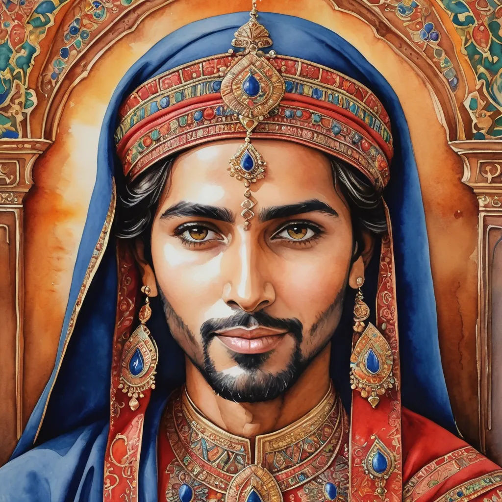 a painting of a man wearing a blue and red outfit and a red headdress with a gold and blue crown, qajar art, a photorealistic painting, Altoon Sultan, extremely detailed oil painting