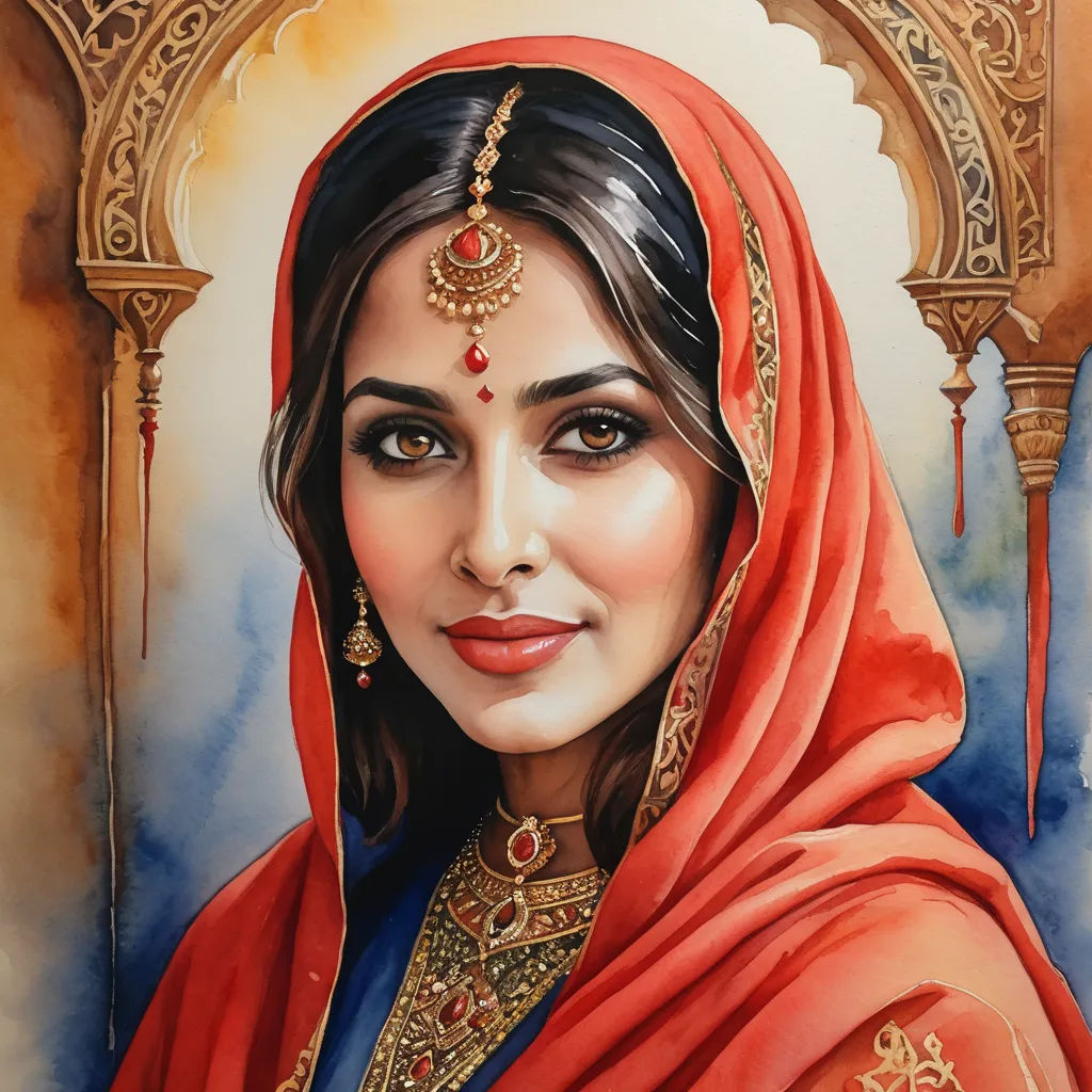 a painting of a woman in a red veil and red shawl with a gold necklace and a red shawl, figurative art, a detailed painting, Ella Guru, detailed painting