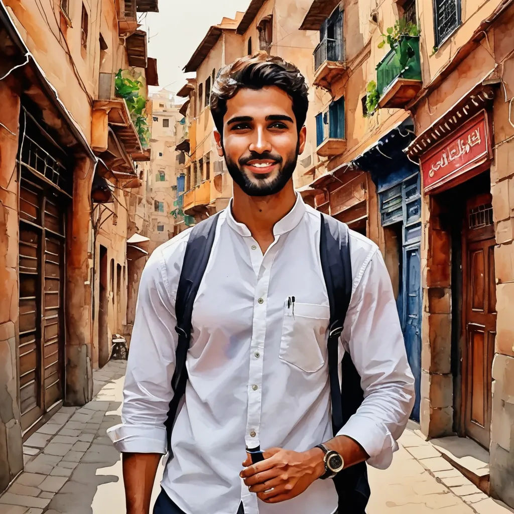 a man with a backpack is standing in a narrow alleyway in a city with buildings and a sign, photorealism, a photorealistic painting, Ahmed Karahisari, jayison devadas