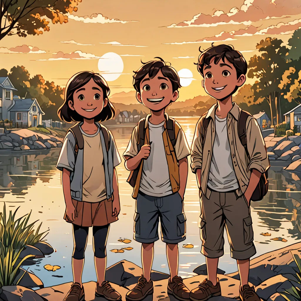 three people standing next to each other near a body of water with a sunset in the background and a house on the other side, a comic book panel, comic cover art, lyco art, Diego Gisbert Llorens