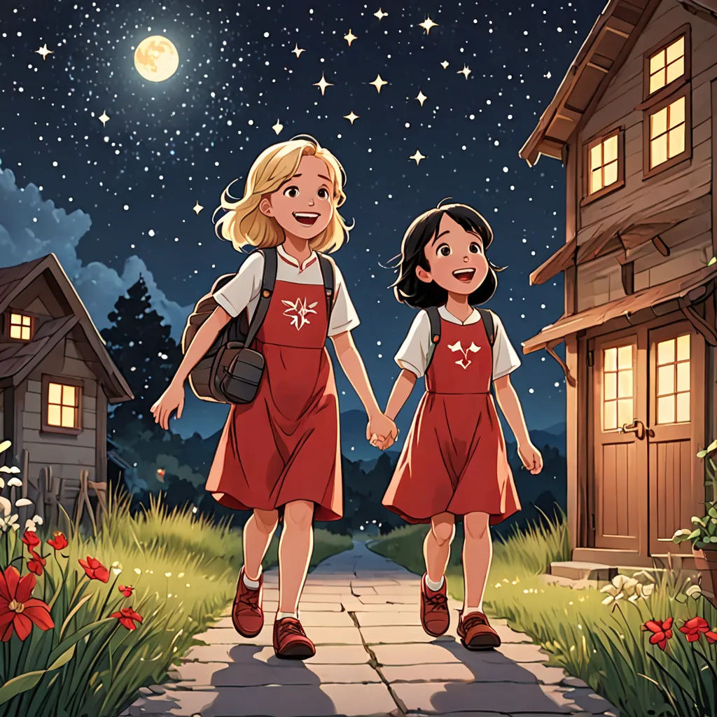two little girls walking down a path towards a house at night with stars and a full moon in the sky, a storybook illustration, official art, space art, Aaron Jasinski