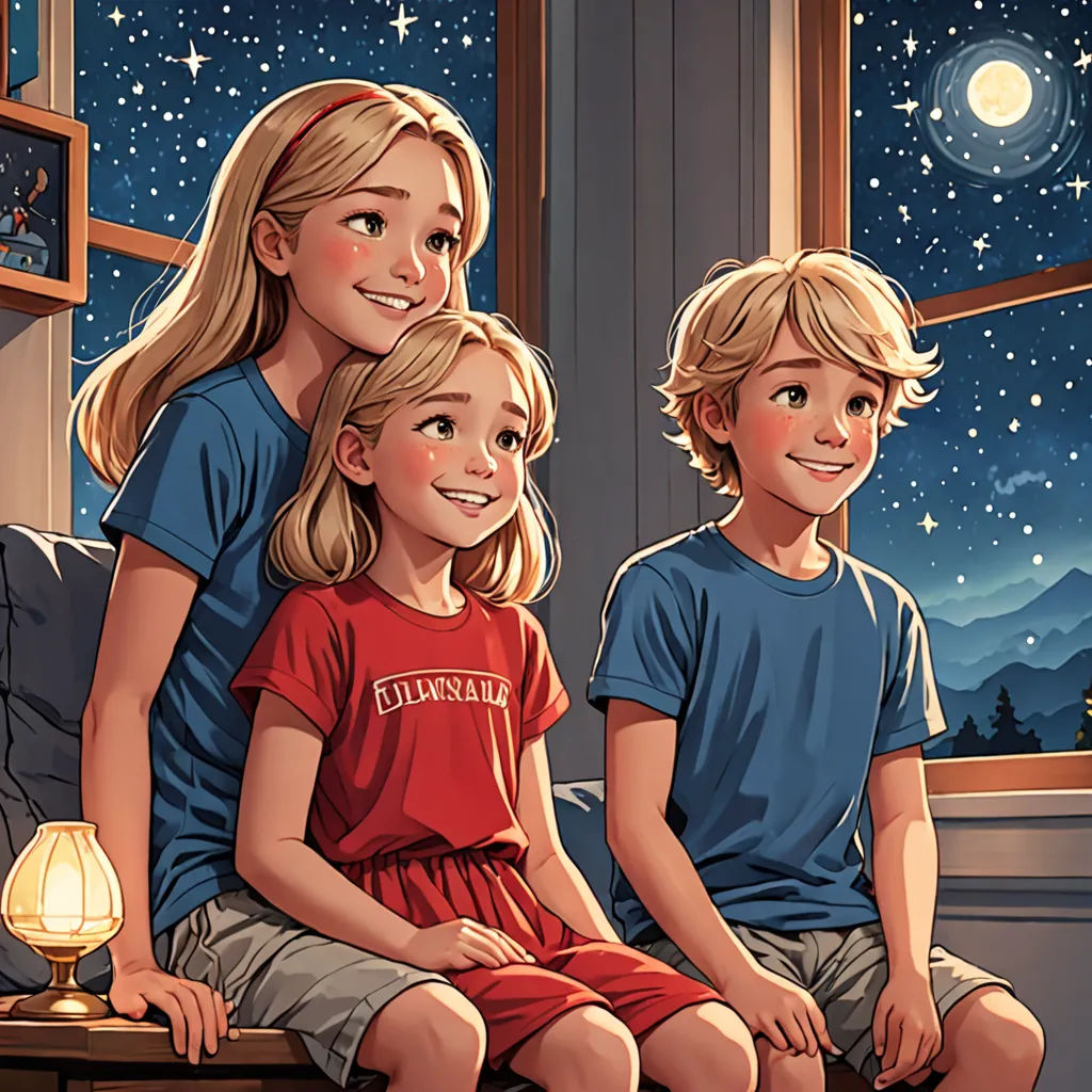 a painting of two children sitting on a window sill at night with the stars in the sky above them, a storybook illustration, storybook illustration, space art, Cliff Childs