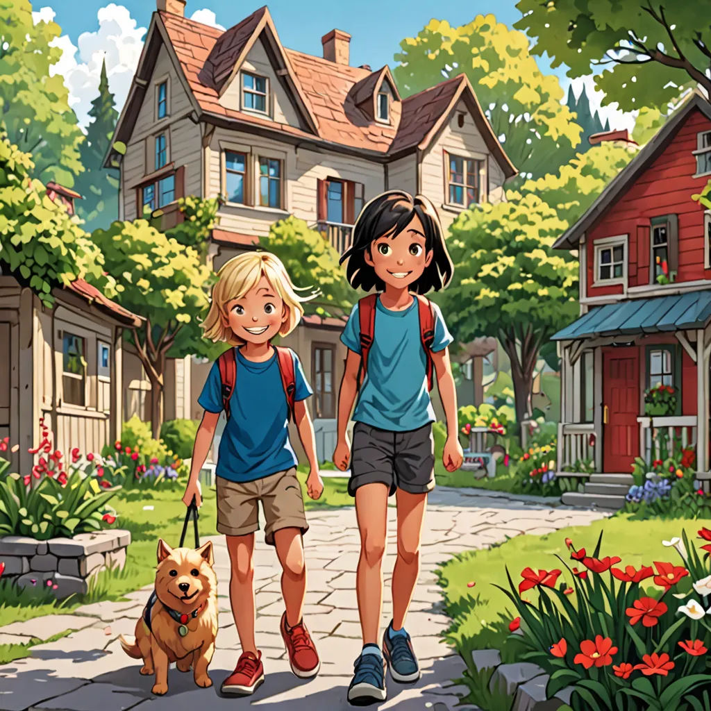 a couple of kids walking down a sidewalk next to a dog and a house with a red roof and a red door, a storybook illustration, official art, vancouver school, Cliff Childs