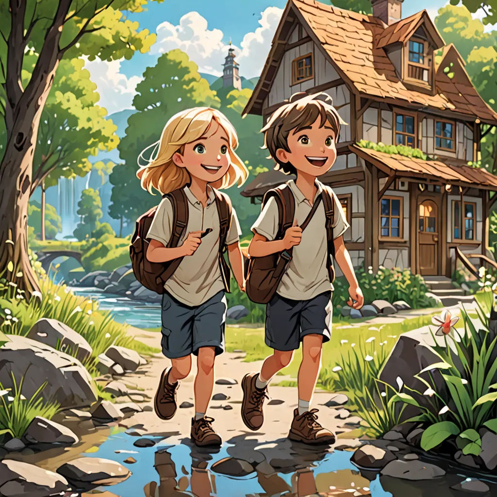 two children walking down a path in front of a house with a pond and a forest in the background, a storybook illustration, rossdraws global illumination, paris school, Cliff Childs