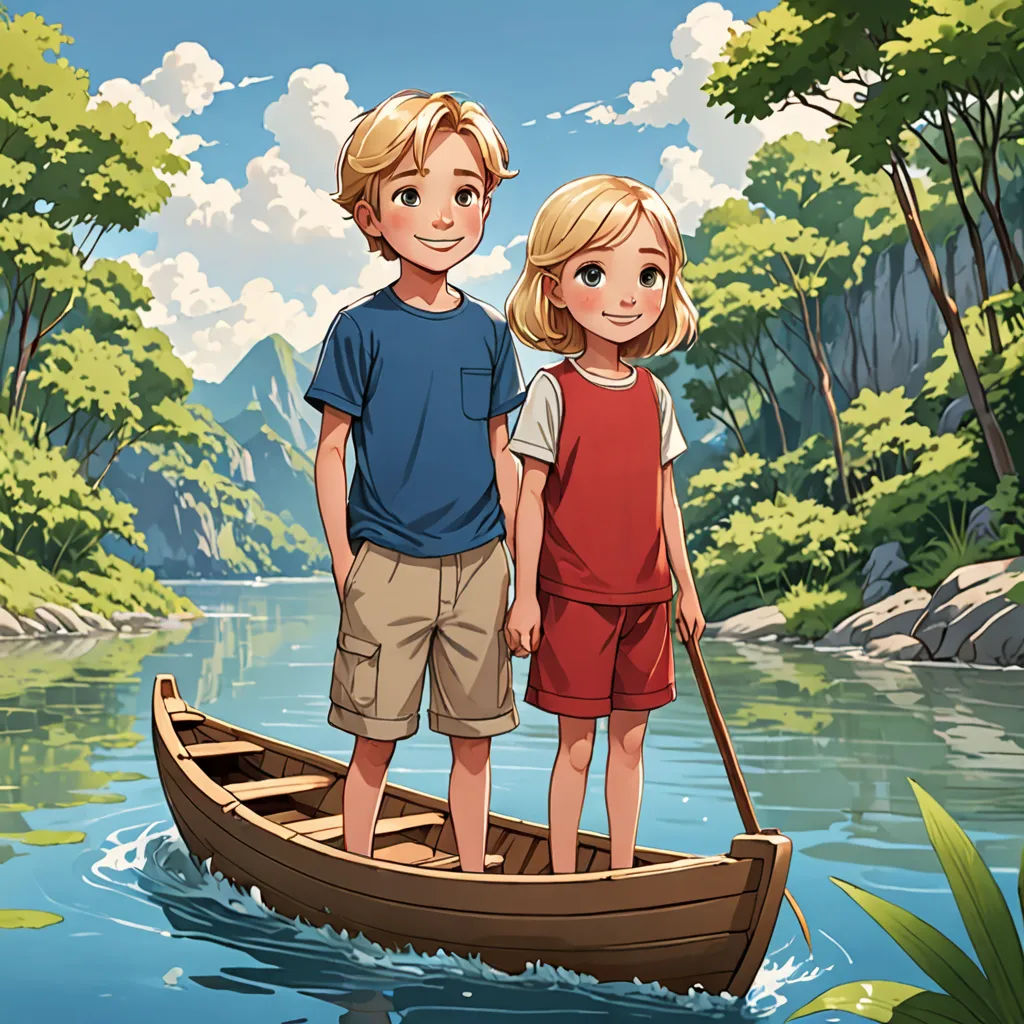 a boy and a girl standing on a boat in the water near a forest and a riverbank with a mountain in the background, a storybook illustration, rossdraws global illumination, lyco art, Cliff Childs
